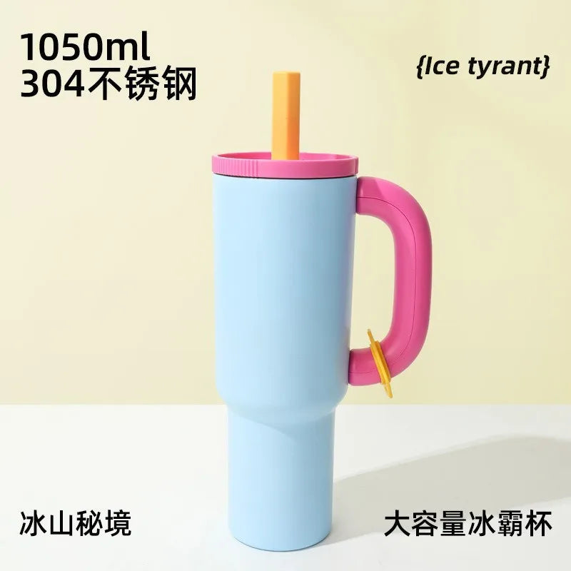 1050ml Insulated Mug with Handle and Straw Ice Cup Large Capacity Tumbler Stainless Steel Water Bottle Office Home Thermal Mug Oasis Select Blue 40oz