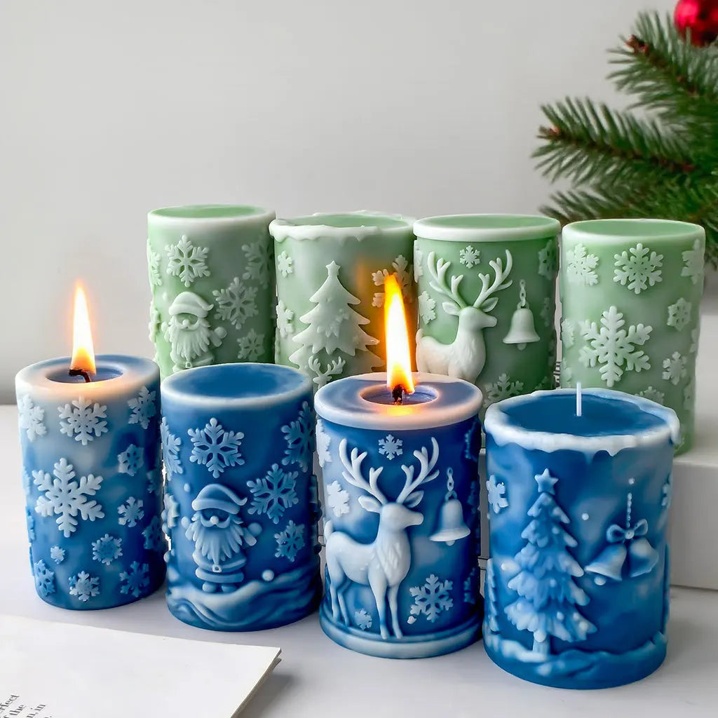 3D Relief Cylinder Christmas Snowflake Elk Silicone Candle Mold Christmas Tree Santa Aroma Plaster Mold Candle Making Supplies Oasis Select