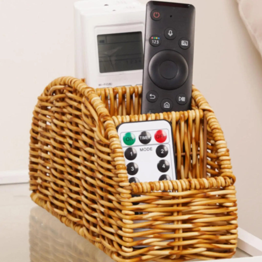 Woven 4-Slot Remote Control Holder – Boho Desktop Organizer