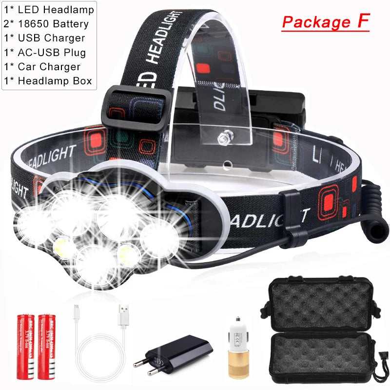 Most Powerful 7 LED Headlamp 18650 Rechargeable Headlight Waterproof Head Lamp Super Bright Head Flashlight Oasis Select Package F