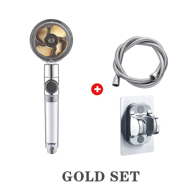 Powerful Pressurized Shower Set Fan Filter Showerhead One Touch Water Stop Sprayer Water Saving Handheld Showerheads Oasis Select Gold Set