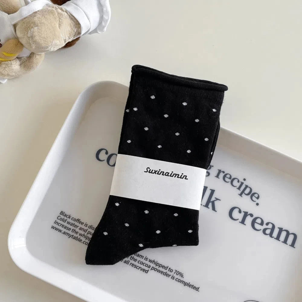 Comfortable Curled-edge Polka Dot Socks Thin Breathable Mid-Tube Socks Sweat Absorbent Women's Socks Summer Oasis Select Black One Size