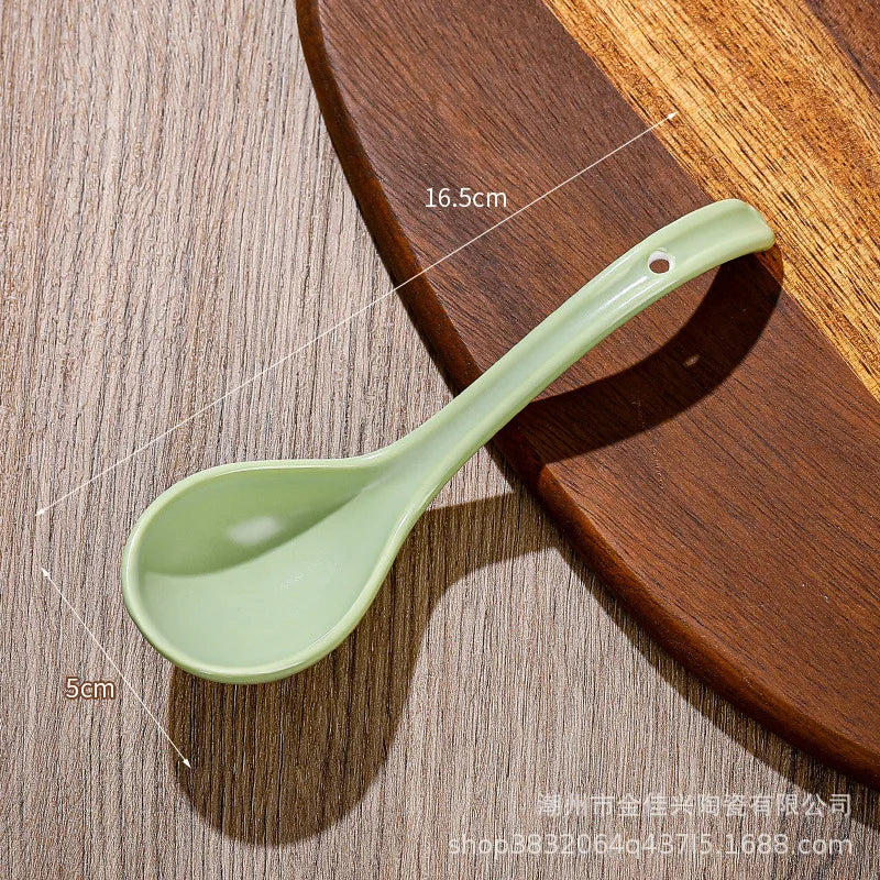 Japanese Underglaze Ceramic Soup Spoon, Everyday Ceramic Soup Spoon Ramen Long-handled Curved Spoon Tableware Oasis Select Green