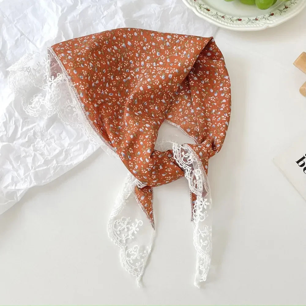 New French Style Triangle Scarf Small Flowers Fabric Turban Bandana Hair Accessories Lace Hair Bands for Spring Summer Oasis Select G