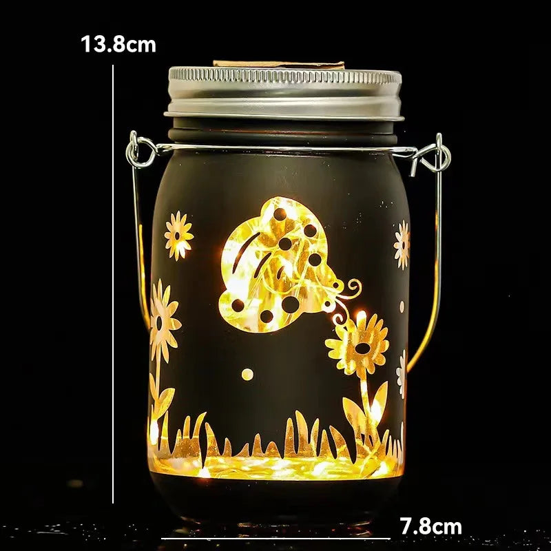Seven-color Solar Ladybug Garden Lamp, Carved Mason Cup, Outdoor Decorative Lamp, Portable Night Light Oasis Select Black Ladybug