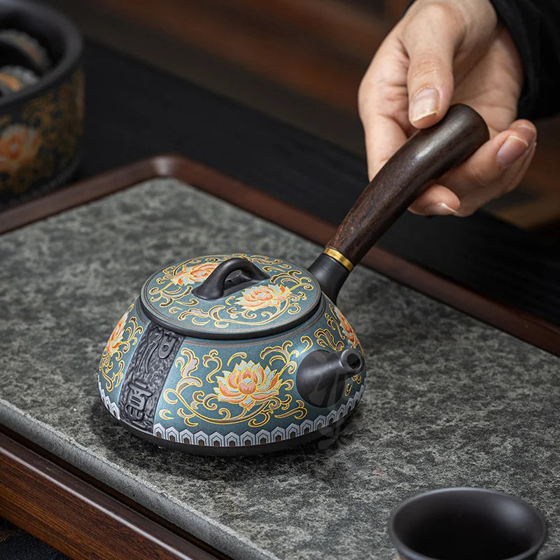 Purple Sand Ruyi Side Teapot Chinese Household Filter Pot Ceramic Kung Fu Tea Set Retro Relief Bubble Teapot Oasis Select