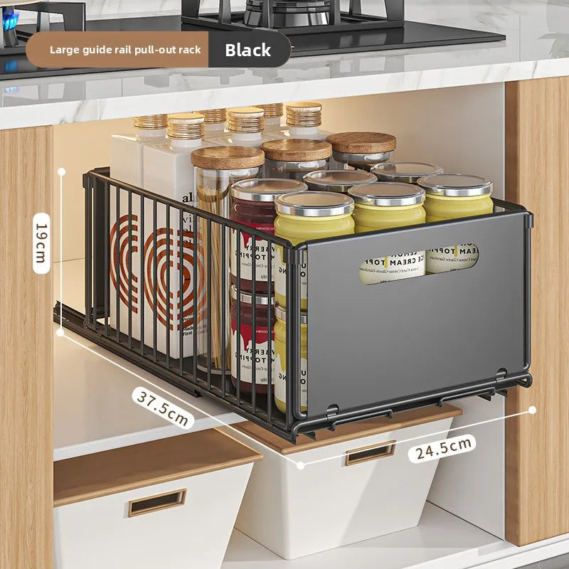 Built-in pull basket in cabinet, multi-functional pull-out snack storage rack, household kitchen sink lower shelf, no punching Oasis Select Black Large 1PCS