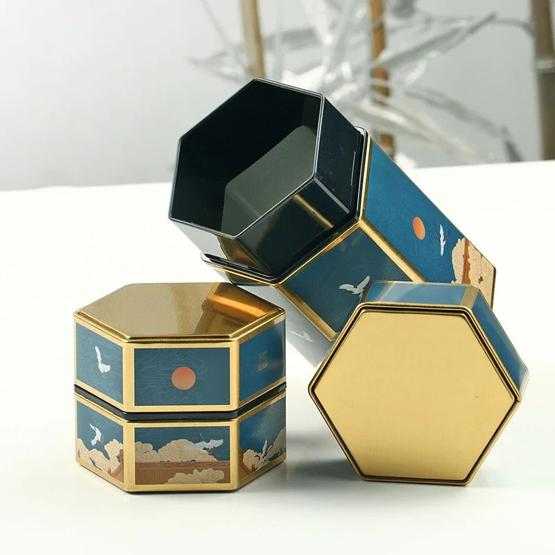 Creative Hexagonal Tea Pot Tin Can Chinese Tinplate Tea Storage Tank Small Sealed Portable Tea Box Empty Can Tea Set Accessories Oasis Select