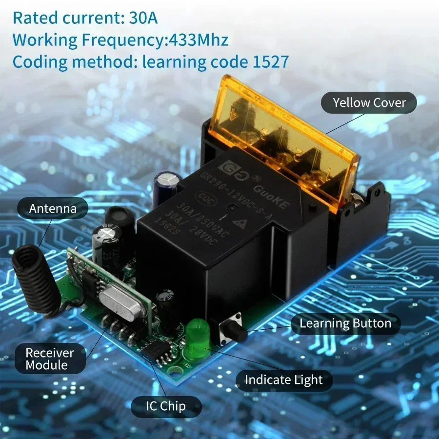 433Mhz Wireless Remote Control Switch AC 75-220V/DC 9-72V 30A Relay On Off Remote Control Transmitter For Water Pump Motor LED Oasis Select