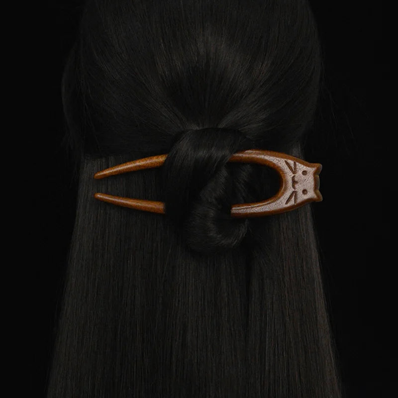 Chinese Cat Pattern Hair Sticks Wooden U Shaped Hair Forks for Women Girls Hanfu Hairpin Headwear Headpieces Hair Accessories Oasis Select
