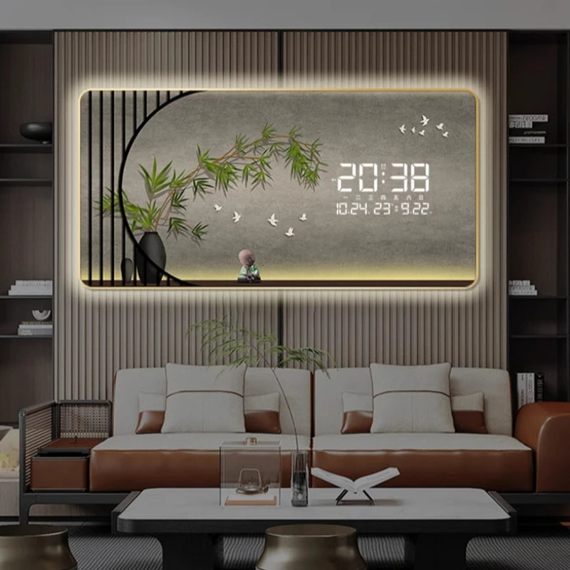 Simple Wind Decorative Painting LED Electronic Clock Living Room Small Fresh New Mural Clock with Calendar Background Light Oasis Select