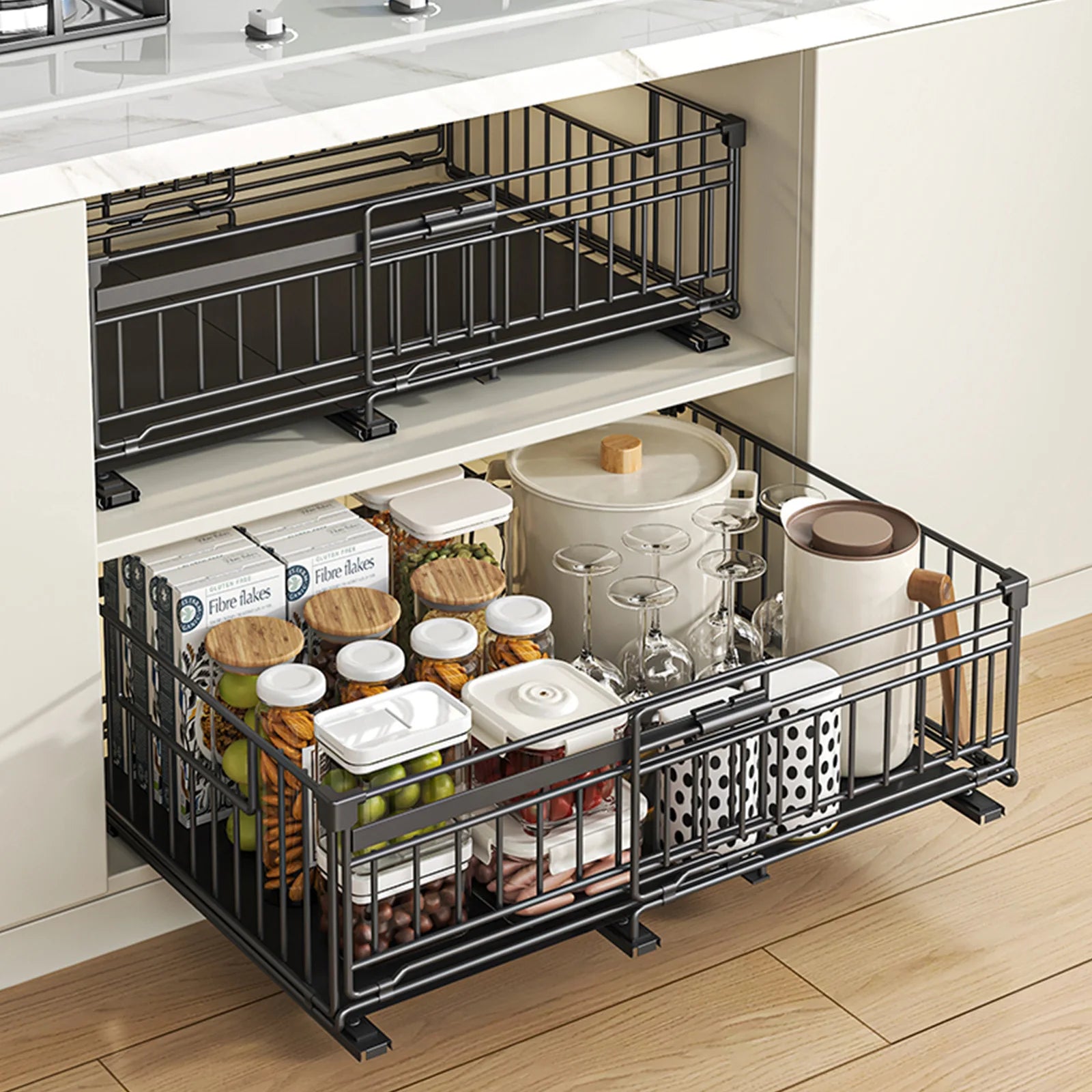 Telescopic basket, kitchen, deep cabinet, pull-out rack, tableware, storage box, cabinet, seasoning, dishes, drawer type Oasis Select