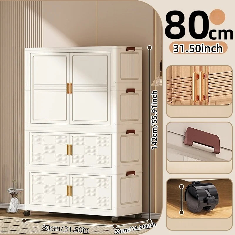COIZYZZL 31.5 Inch Foldable Storage Wardrobe, 2-6 Tier Multi-Combos with Rolling Wheels, Large Capacity for Living Room/Bedroom Oasis Select White 1Large 2Small