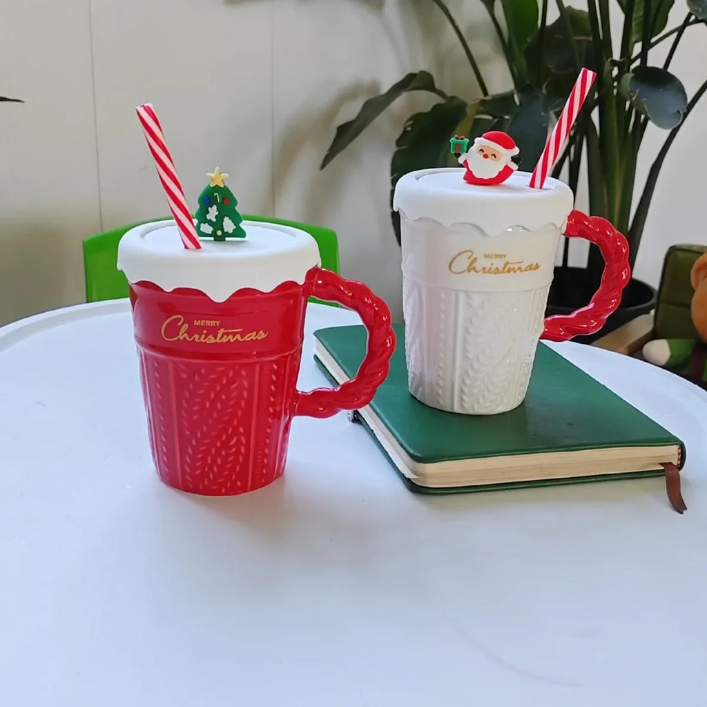 Creative Christmas Mug Christmas Tree Ceramic Water Mug High Appearance Level Sweater with Covered Straw Ceramic Couple Cup Oasis Select