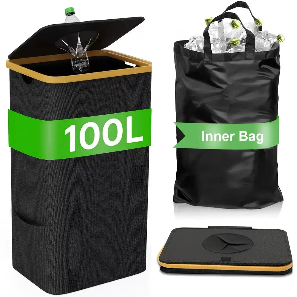 Large-capacity storage box with inner bag, foldable, for bottles, clothes, toys, recyclable waste, laundry basket, 24/100L Oasis Select Black-1 inner bag