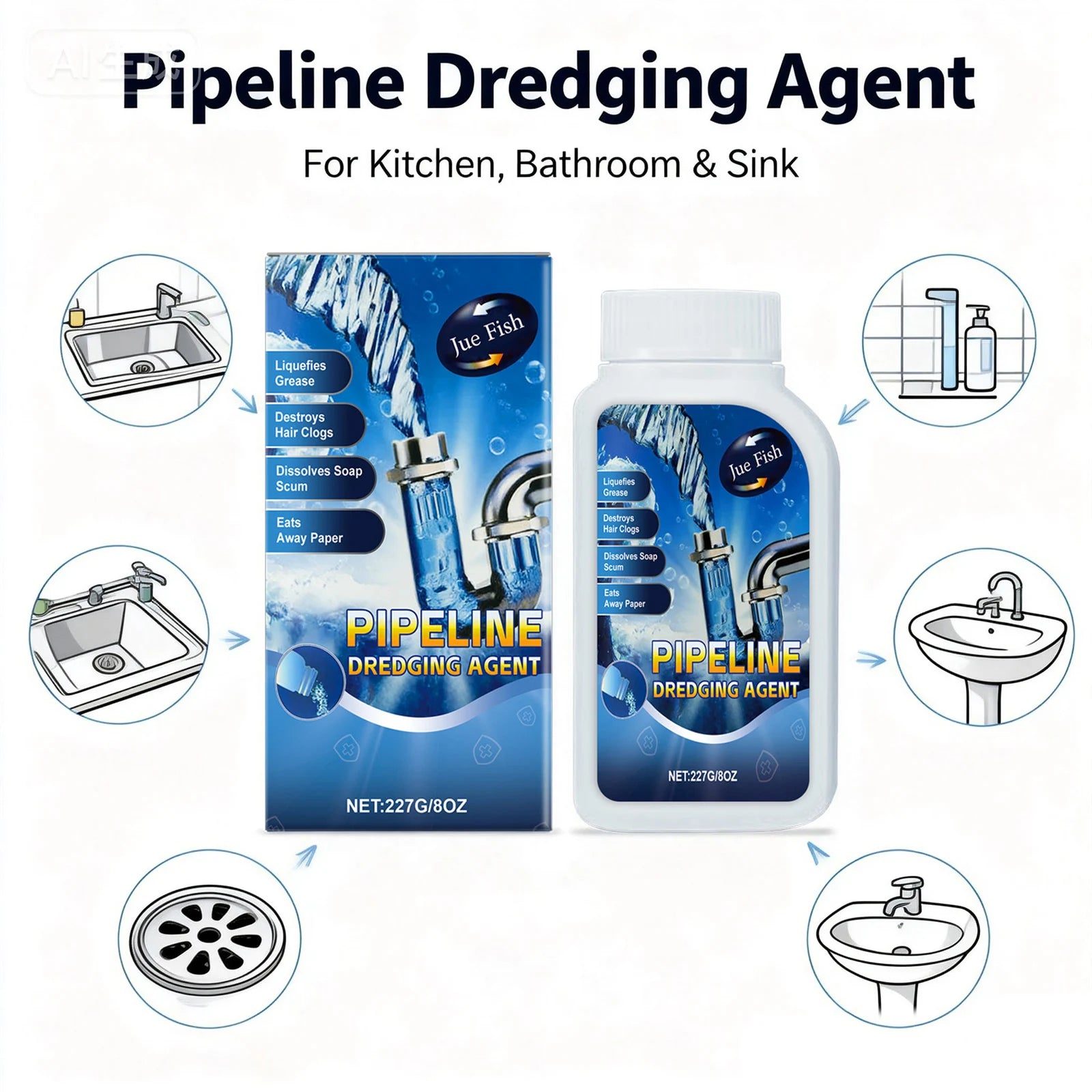 Pipeline Dredging Agent for Kitchen Bathroom Drain Dissolve Oil and Hair Odor Removal Clear Drainage Outlet Pipe Cleaning 227g Oasis Select