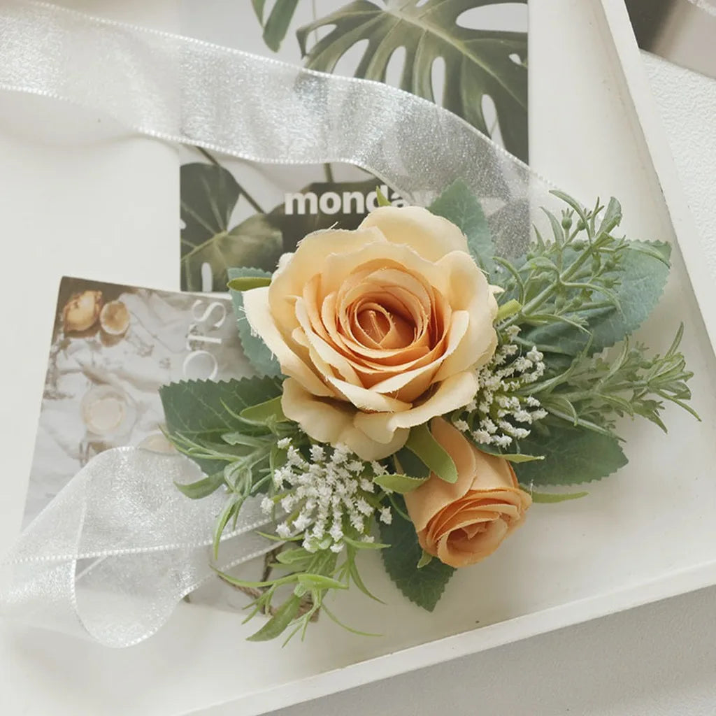 Wedding Artifical Flowers Silk Rose Boutonniere Ribbion Wrist Corsage Botonier Para Novio Boda Oasis Select Khaki-1-Wrist Flower