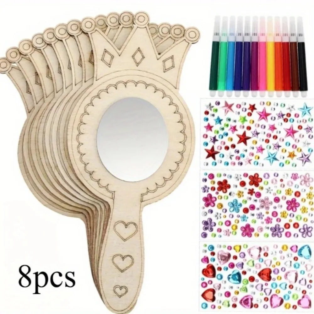 DIY Wooden Princess Mirror Craft Kit with Paintbrushes