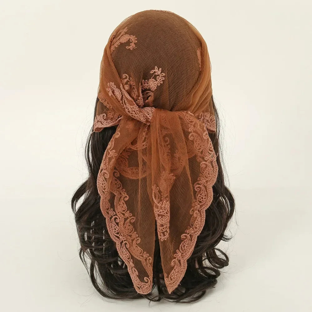Elegant Square Lace Scarf Hollow Out Thin Foulard Bandana Floral Embroidery Vintage Hair Scarf Headband Women Oasis Select Brown