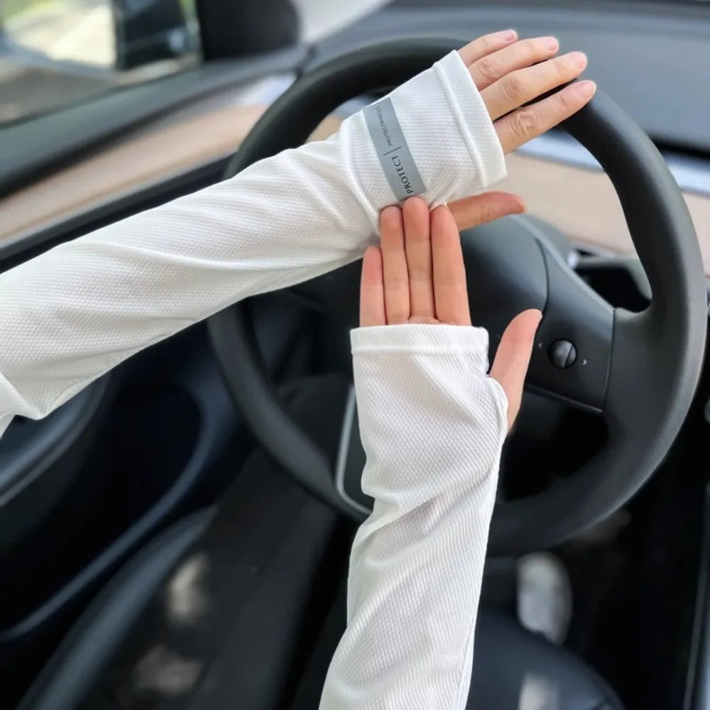 New Ice Silk Arm Sleeves UV Protection Loose Long Arm Glove Non-slip Breathable Sunscreen Sleeves Summer Oasis Select white