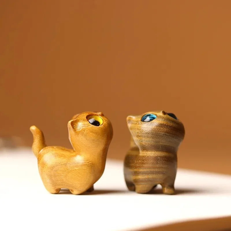 Green Sandalwood Carving Strange Kitten Animal Creative Wooden Cute Cat Play Hand Handle A Small Birthday Gift Craft Oasis Select