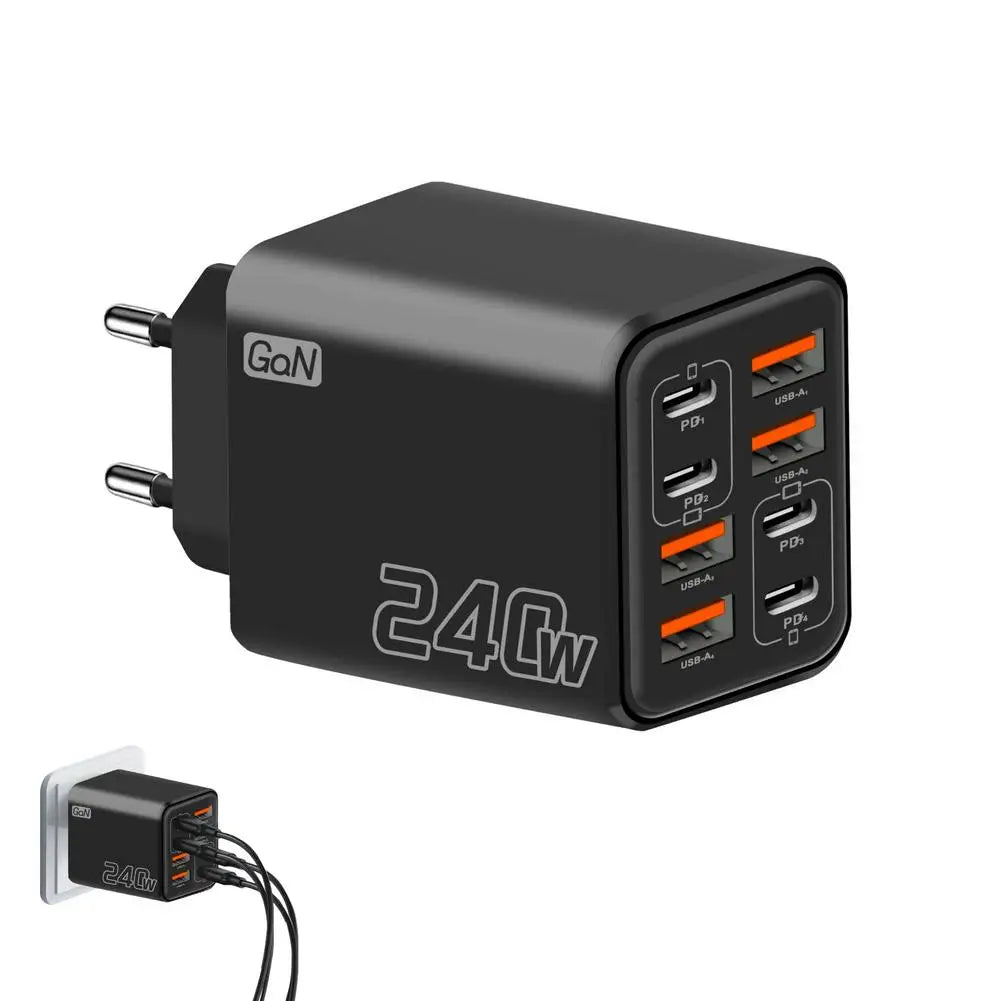 240W 8-Port GaN USB-C PD Wall Charger – Travel Adapter US EU UK