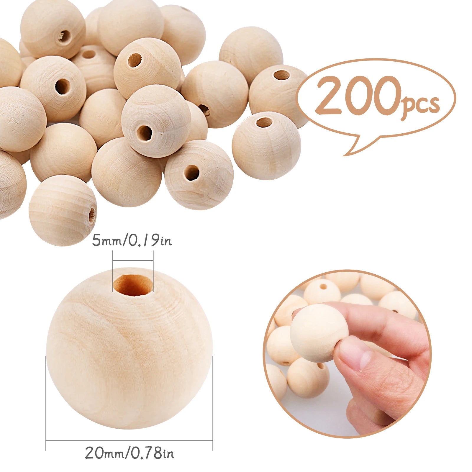 200pcs DIY wooden beads, 20mm natural round wooden beads, handmade DIY beads string ornaments handicraft accessories Oasis Select
