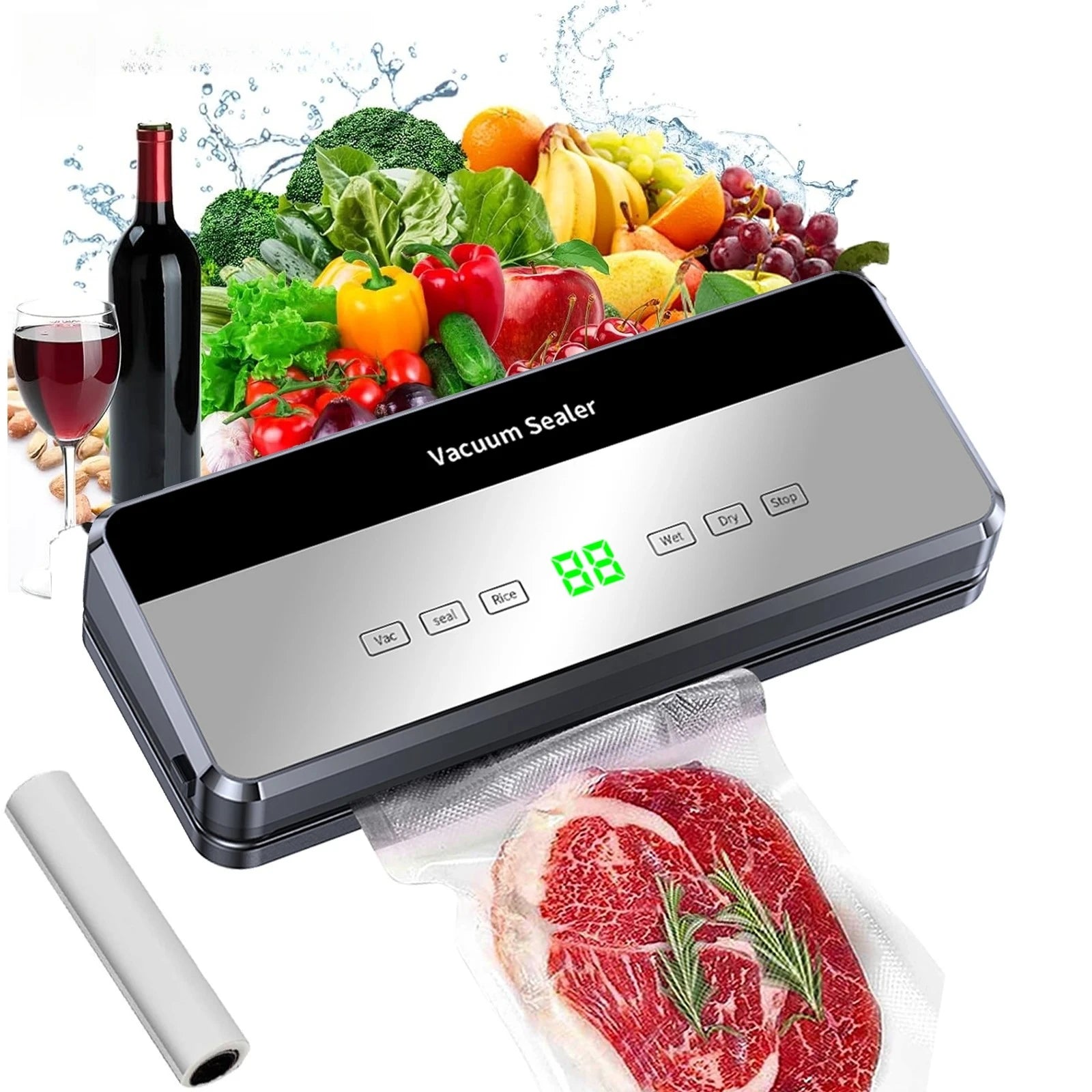Electric Vacuum Sealer Machine Dry/Wet Food Packaging Seal To Keep Fresh Touch Buttons Digital Display Built-in Cutter Knife Oasis Select