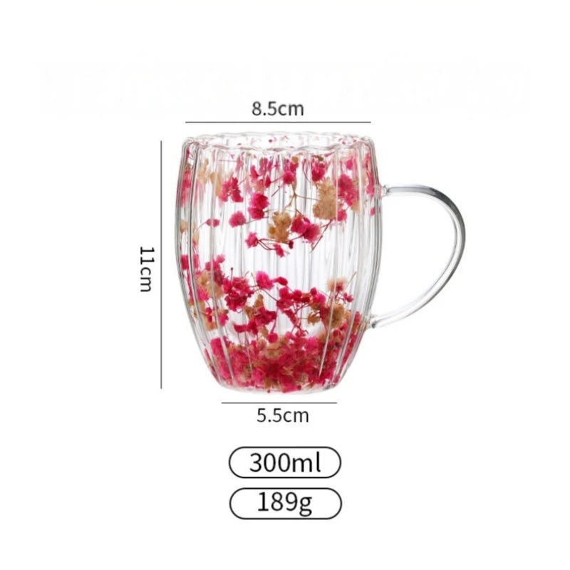 Borosilicate Double-Wall Ribbed Glass Mug, Dried-Flower Heatproof Lovely Cup for Coffee & Tea, Home&Office Gift, Handwash Oasis Select