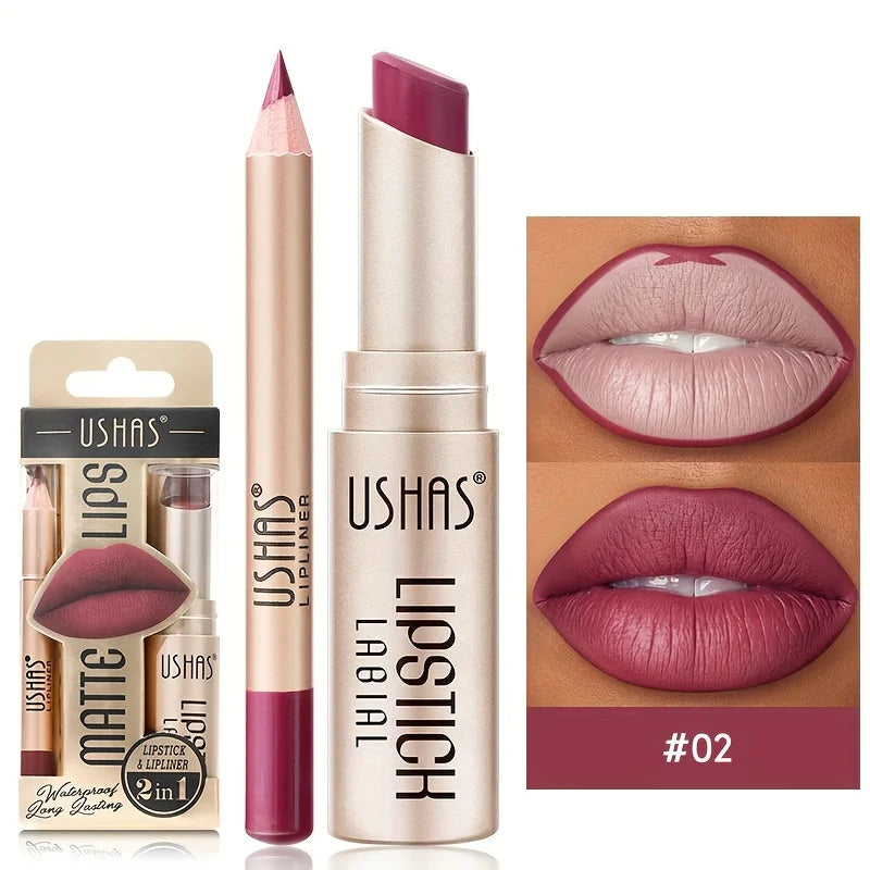 USHAS 12-Color Matte Lipstick & Lip Liner Set – Waterproof