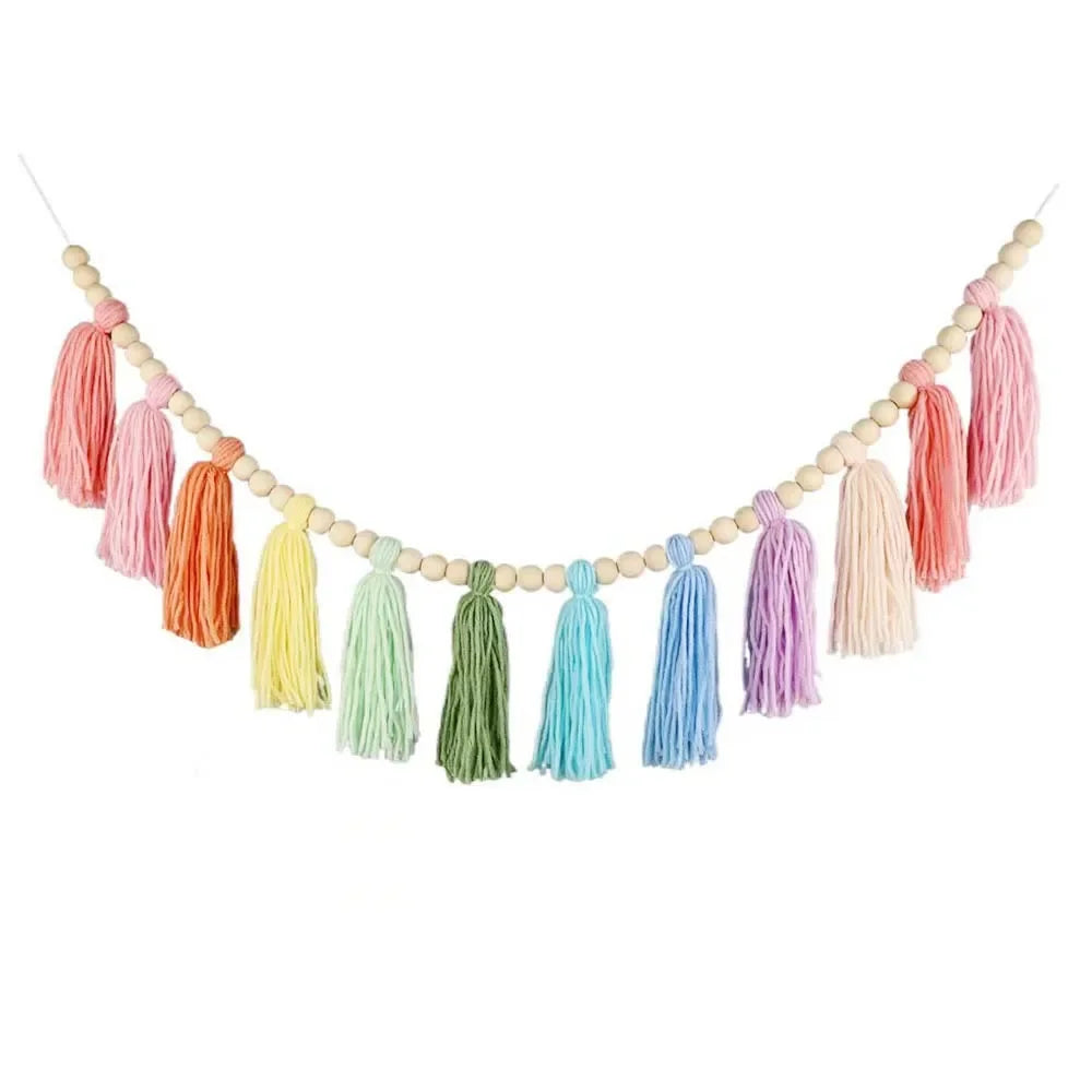 Rainbow Tassel Garland Colorful Pom Garland Wood Bead Easter Spring Girls Bedroom Wall Party Birthday Baby Shower Decor Oasis Select 02