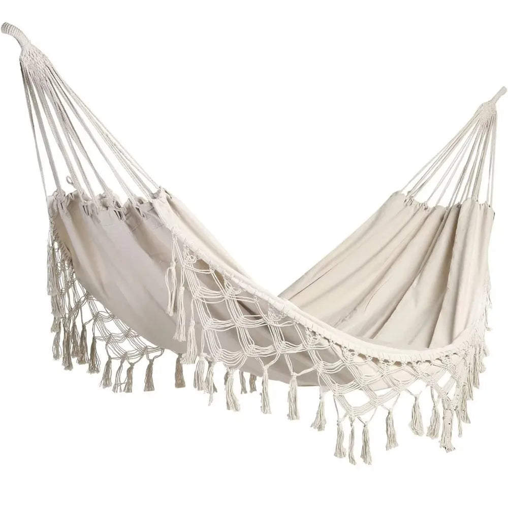 Large Double Deluxe Hammock Boho Style with Woven Tassels 2 Person Hammock Thickened Hanging Bed Canvas Swing Chair Bedroom Oasis Select 200x150cm-White-tie