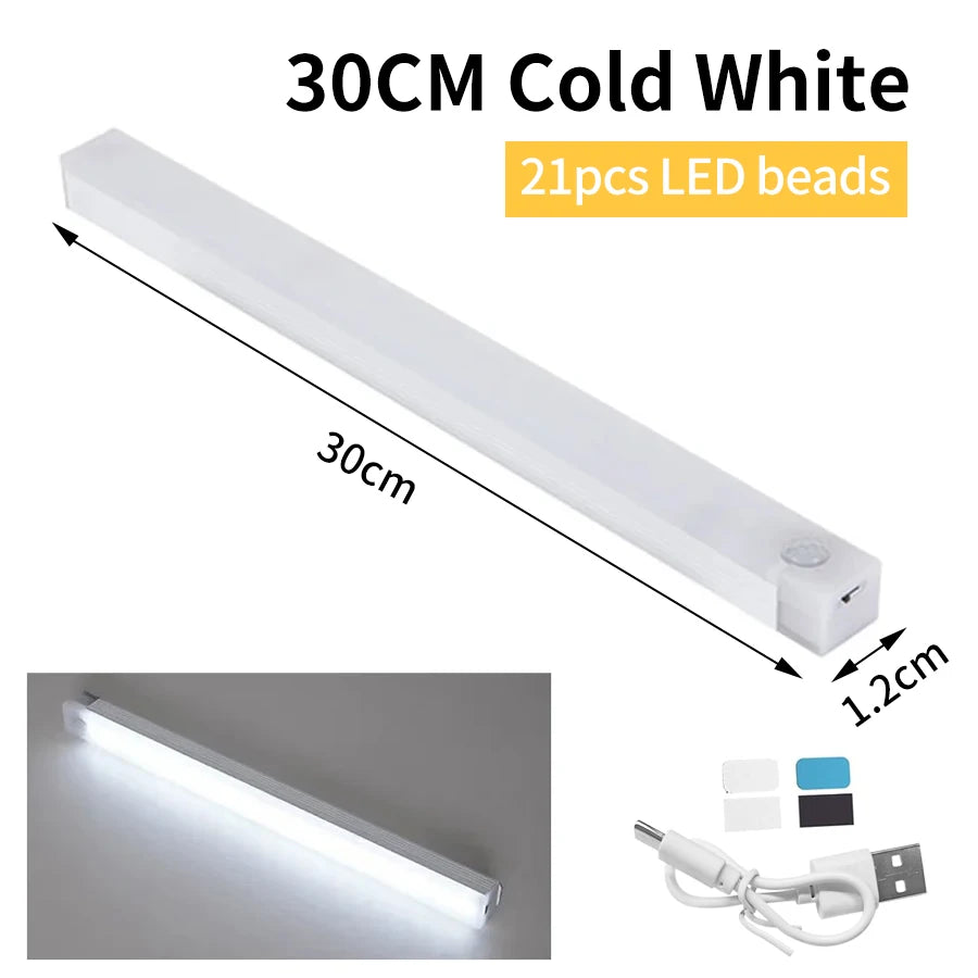 USB Rechargeabl LED Night Light PIR Motion Sensor Under Cabinet Lamp For Bedroom Wardrobe Hallway Staircase Bar Lighting Oasis Select 30CM White