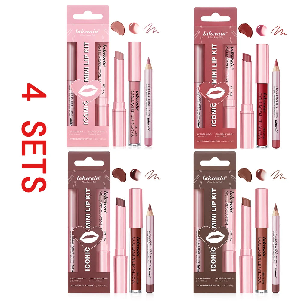 3pcs Lip Makeup Set Lip Liner Lip Gloss Lipstick Mirror Effect Beep Lips High Color Long-lasting Hydrates Travel Mini Set Oasis Select 4 sets