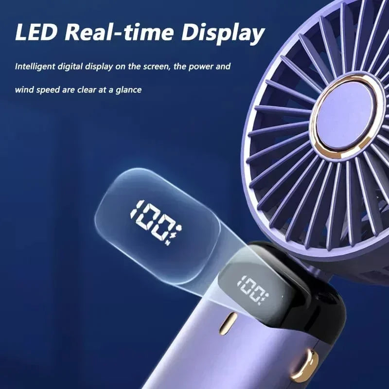 Portable Handheld Mini Fan 3000mAh Foldable Neck Hanging Fans 5 Speed Adjust USB Charge Fan with Phone Stand and Display Screen Oasis Select