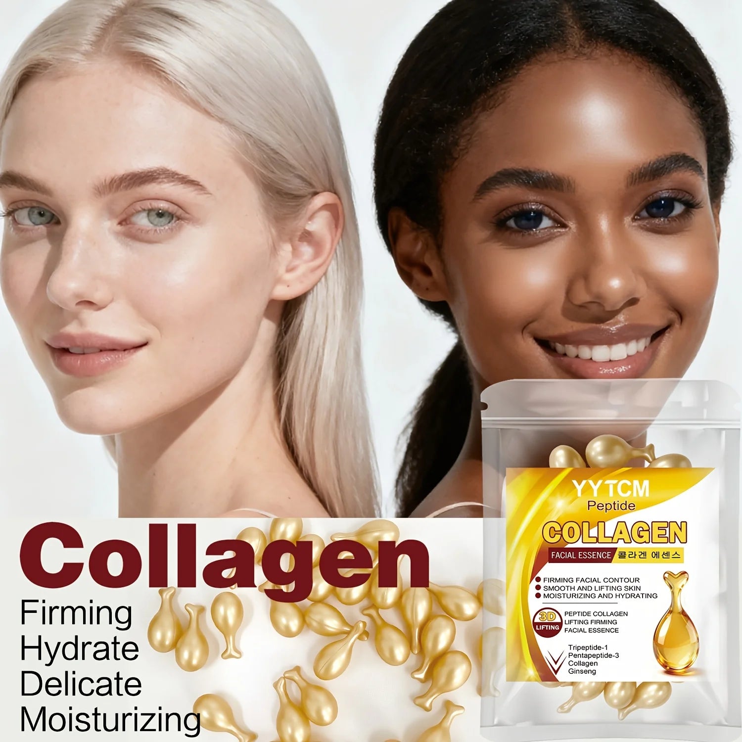 Polypeptide Collagen Essence Capsules, Moisturizing and Firming Essence, Smooths Skin, Contains Squalane, Fullerene, Ginseng Extract, Deep Hydration (0.34Gx30 Capsules)/Bag Oasis Select
