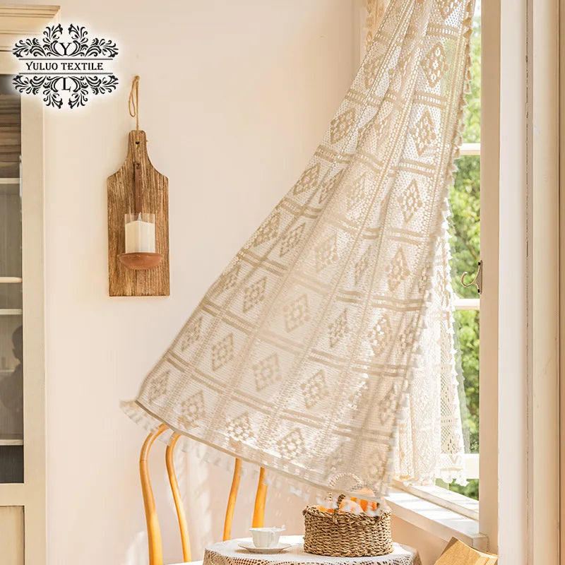 Cotton crochet hollowed out woven curtain American rural retro cotton linen lace tassel gauze curtain window curtain Oasis Select