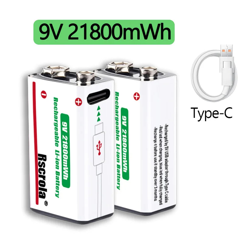 Rscrola USB 9V Rechargeable Battery 21800mWh USB Type-C Rechargeable 9V Li-ion Battery for RC Helicopeter Model Multimeter Toy Oasis Select