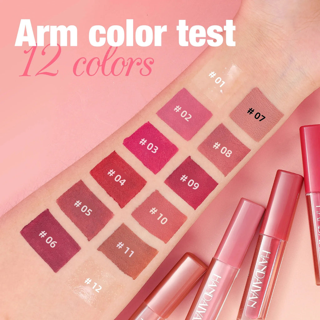 Handaiyan 12-Shade Velvet Matte Lip Gloss Set – Waterproof