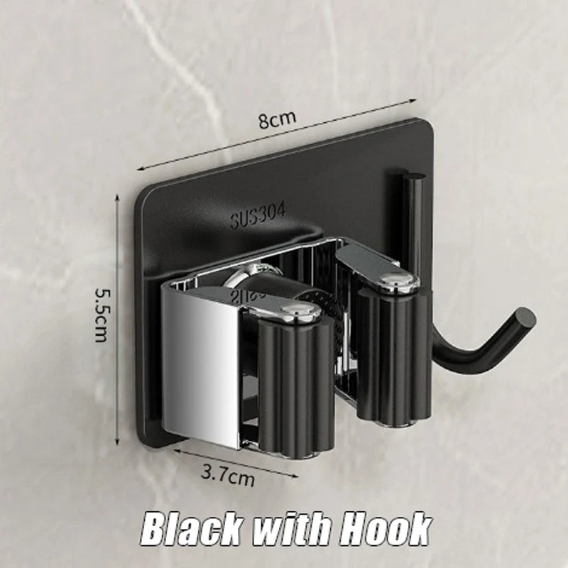 1-3PCS Stainless Steel Household Storage Rack Bathroom Nail-free Hook Wall-mounted Mop Storage Rack Waterproof Broom Rack Oasis Select Black with Hook