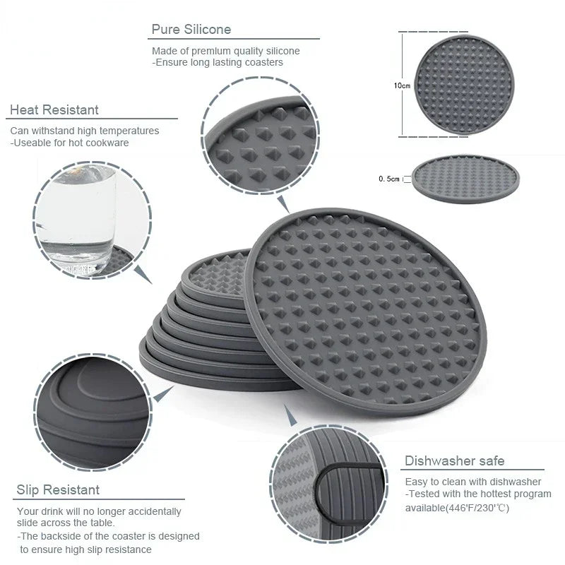 6pcs Silicone Coasters Round Heat Resistant Rubber Tea Cup Mat Drink Coffee Mug Glass Beverage Holder Pad Decor Table Mat 10cm Oasis Select