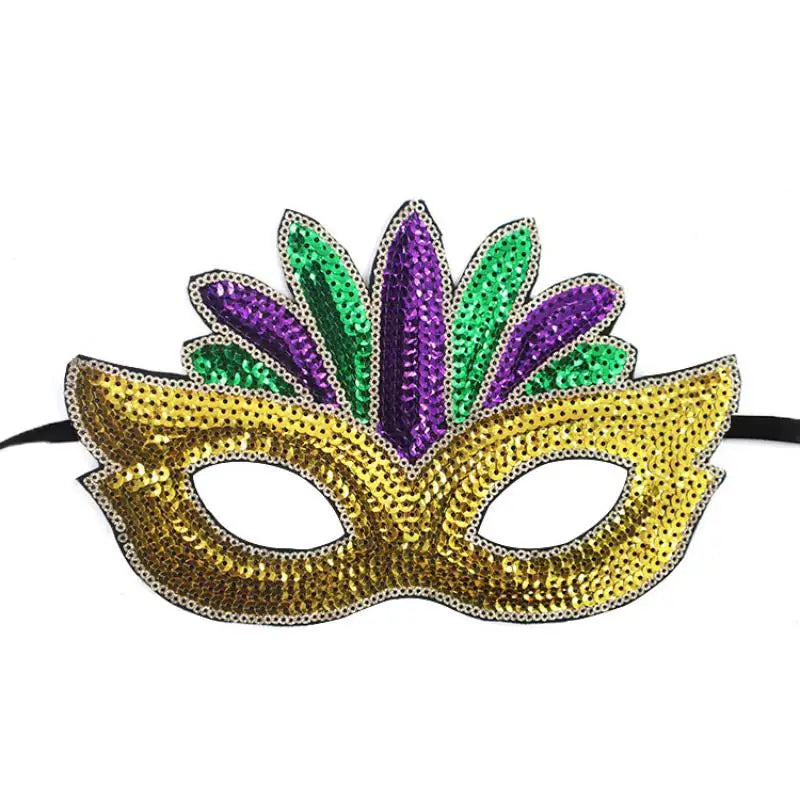 1PC Purple Green Yellow Sequin Mardi Gras Masque Masquerade Venetian Carnival Half Face Mask Halloween Cosplay Accessories Oasis Select B