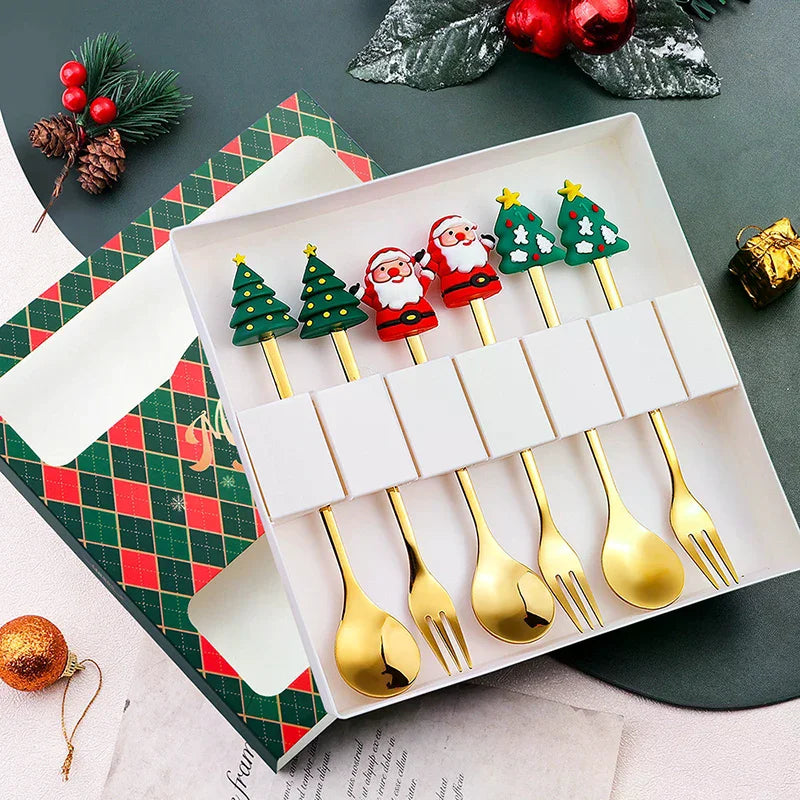Stainless Steel Christmas Dessert Spoons Cake Forks with Cartoon Christmas Tree Elk Design - Set of 1/2/4/6 - Gift Box Included Oasis Select