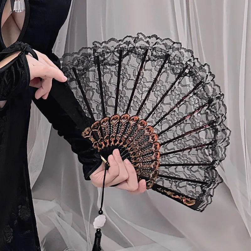 Dance Fan Ornament Ladies Lace Hand Fan Black White Cloth Folding Fans Spanish Hand for Wedding Party Favor Accessories Oasis Select