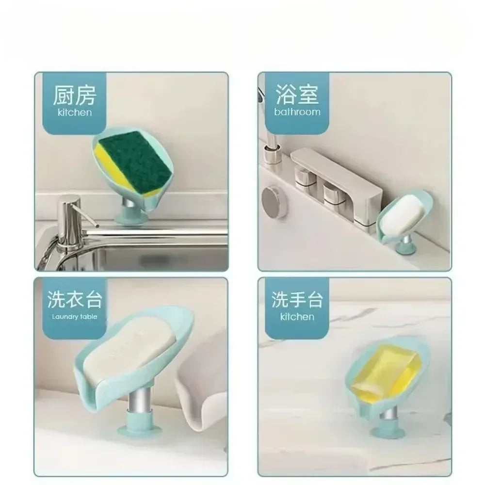 Leaf Shaped Suction Cup Soap Dish With Drain Holes Multifunctional Drying Rack Sponge Container For Bathroom&Kitchen Daily Use Oasis Select