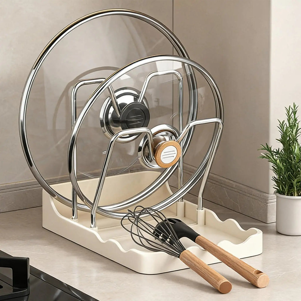 Pot Lid Organizer Vertical Spoon Storage Shelf with Drip Tray Stainless Pot Lid Storage Rack for Kitchen Baking Cooking Pantry Oasis Select