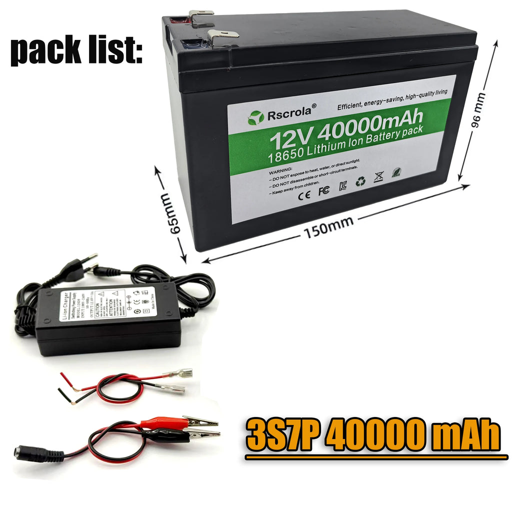 Black 12V Battery 40Ah 30Ah 20Ah 18650 Lithium Battery Pack Sprayer Built-in High Current BMS Electric Vehicle Battery Oasis Select 12V 40000mAh