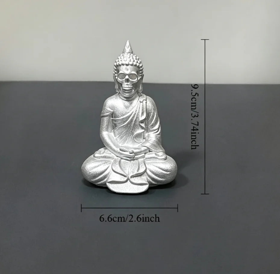 Buddha Skull Figurines Meditation Zen Gothic Style Statue Mystical Skeleton Buddha Ornaments for Home Tea Room Altar Decor Gifts Oasis Select Silver decor