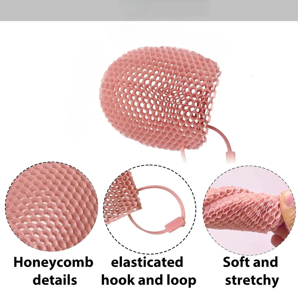 Honeycomb Exfoliating Shower Finger Caps, available in multiple colors, cleanses the skin and is safe, breathable and odorless. Oasis Select Pink