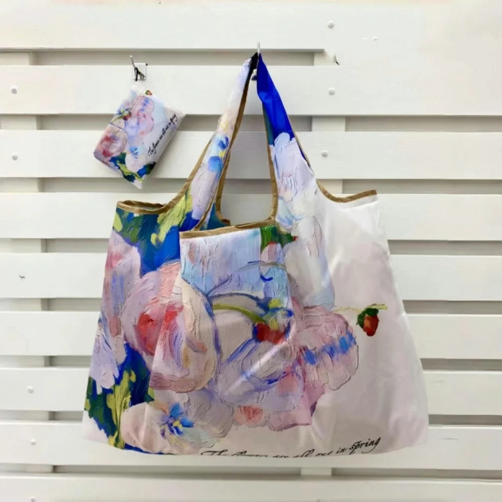 Oil Painting Print Folding Shopping Bag Portable Design Large Capacity Square Shopping Bag Foldable Feature Positioning Design Oasis Select Style 10